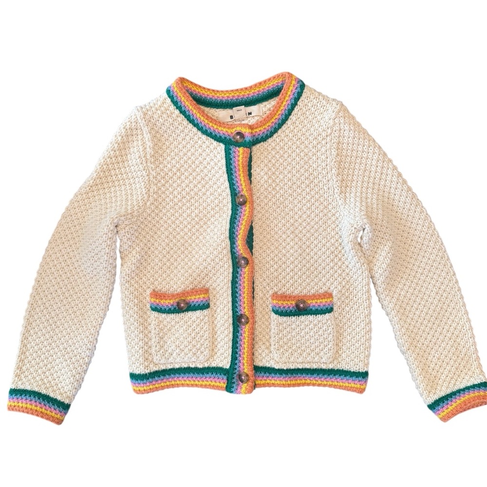 Boden Girls Knit Cardigan 6-7 | Cream w/ Rainbow Trim | NWOT